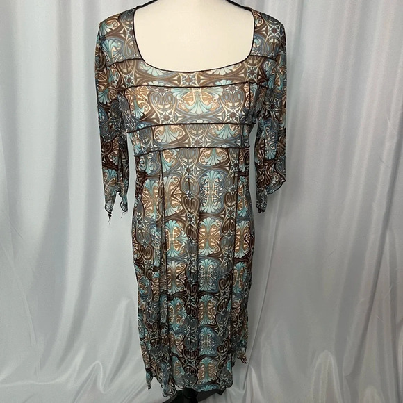 Brown, Tan & Blue Geometric Pattern Sheer Square Neck Dress or Cover-Up - Picture 3 of 10